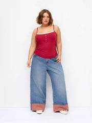 Washed Denim Gingham Wide Leg Jeans Curve & Plus