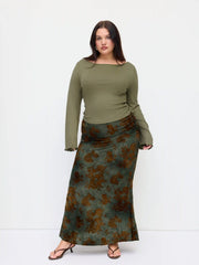 Boat Neck Long Sleeve Top & Mid Rise Floral Ruched Maxi Skirt Set Curve & Plus