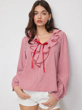 Gingham V-Neck Ruffled Lantern Sleeve Oversized Blouse