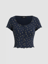 Cotton-blend Pointelle U-neckline Floral Lettuce Trim Short Sleeve Top