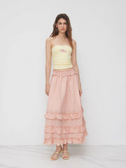Cotton-blend Mid Rise Ruffle Lettuce Trim Maxi Skirt