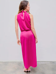 Satin Stand Collar Bowknot Top & Split Maxi Skirt