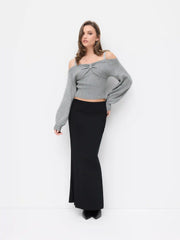 Knit Off-shoulder Lace Lantern Sleeve Bowknot Crop Sweater