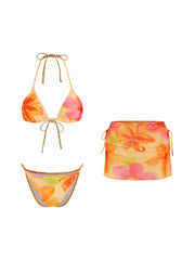 Floral Halter Neckline Triangle Bikini Set With Ruched Tie Side Skirt