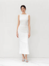 Boat Neck Solid Ruched Split Maxi Dress