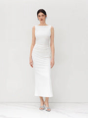 Boat Neck Solid Ruched Split Maxi Dress