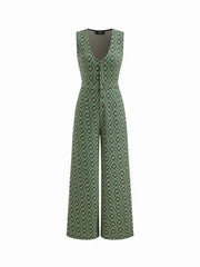 Floral V-neck Button Wide Leg Jumpsuit