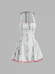 Linen-blend Halter Neckline Strawberry Floral Lace Up Ruffle Mini Dress