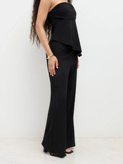Ruched Asymmetrical Hem Bandeau Top & Mid Rise Flared Trousers Set