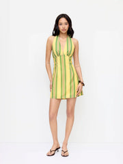 Striped Halter Neck Mid Rise A-line Mini Dress