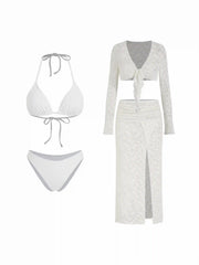Halter Neckline Bikini Set with Lace Floral Cover Up Set