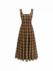 U-neckline Plaid Shirred Pocket Ruffle Midi Dress