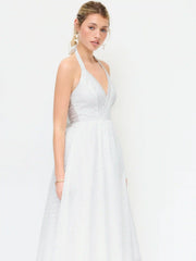 100% Cotton Textured Halter Neck Broderie Anglaise Wrap Flared Midi Dress