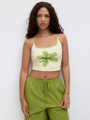 Floral Graphic Halter Neckline Contrasting Binding Crop Cami Top