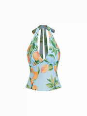 Fruit Graphic V-Neck Shirred Tie Back Ruffle Hem Cami Blouse