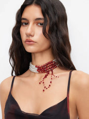 BEADED & FAUX PEARL LAYERED CHOKER