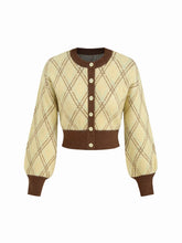 Knit Plaid Colorblock Round Neckline Lantern Sleeve Button Cardigan