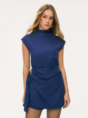 Stand Collar Draped Metal Decor Drawstring Romper