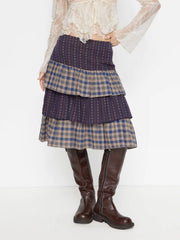 Cotton Mid Rise Check & Floral Two Tone Layered Midi Skirt