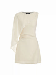 Textured Boat Neck Ruched Asymmetrical Draped A-line Mini Dress
