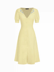 Cotton-blend Floral Graphic V-neck Lantern Sleeve Embroidery Midi Shirt Dress