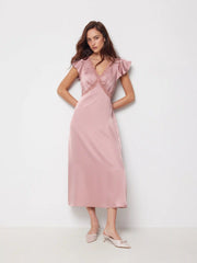 Satin V-neck Ruffle Sleeve Lace Panel Slip Maxi Dress