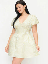 Jacquard V-neck Puff Sleeve Corset A-line Mini Dress Curve & Plus