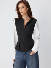Color-Blocking Lantern Sleeve Cinched Waist Shirt