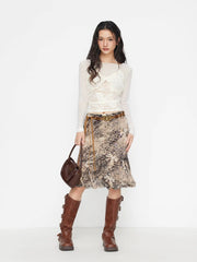 Mesh Leopard Mid Rise Bowknot Ruffle Hem Midi Skirt