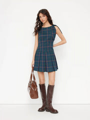 Plaid Boat Neck Bowknot Zipper Pleated Mini Dress