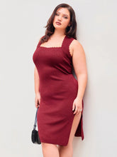 Knit Square Neck Lace Trim Split Solid Midi Dress Curve & Plus