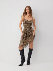 Chiffon Leopard Print V-neck Lace Trim Cami Midi Dress