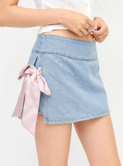Denim Low Rise Washed Bowknot A-line Micro Mini Skort