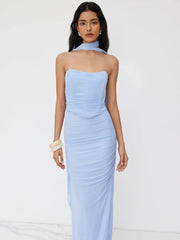Mesh Halter Neckline Crop Bandeau Top & High Rise Ruched Mermaid Maxi Skirt Set