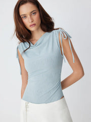 Textured Cowl Neck Drawstring Ruched Sleeveless Bodysuit