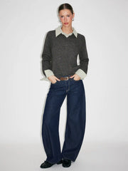 Knit Collar Check Two Tone Button Top