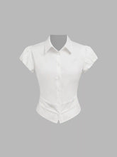 Cotton-blend Collar Ruched Puff Sleeve Shirt