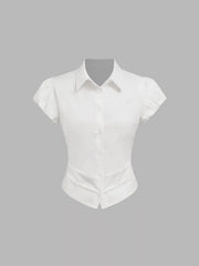Cotton-blend Collar Ruched Puff Sleeve Shirt