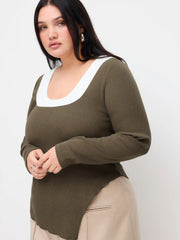 Two Tone Cotton-blend U-neckline Split Hem Long Sleeve Top Curve & Plus