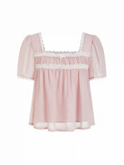 Square Neck Puff Sleeve Lace Trim Bowknot Ruched Oversized Blouse