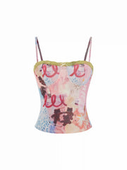 Mesh Bunny & Heart Print Lace Trim Cami Top