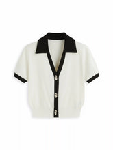 Knit Collar Colorblock Metal Button Short Sleeve Top