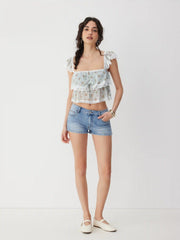 Floral Lace Square Neck Ruffle Sleeve Oversized Crop Top