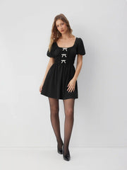 Square Neck Rhinestone Bowknot Flared Mini Dress