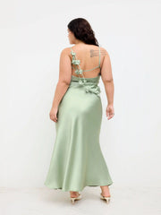 Satin Cowl Neck 3D Floral Ruched Mermaid Maxi Dress Curve & Plus