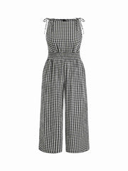 Cotton Gingham Boat Neck Drawstring Wide Leg Jumpsuit Curve & Plus