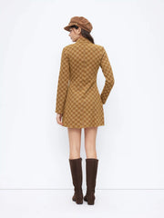Plaid Stand Collar Long Sleeve Cut Out A-line Mini Dress