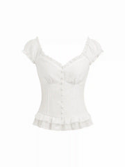 Cotton Embroidery Floral Ruffle Hem Button Blouse