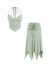 Halter Neckline Drawstring Top & Ruched Hanky Hem Maxi Skirt Set