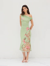 Mesh Asymmetrical Neck Floral Ruched Lettuce Trim Midi Dress